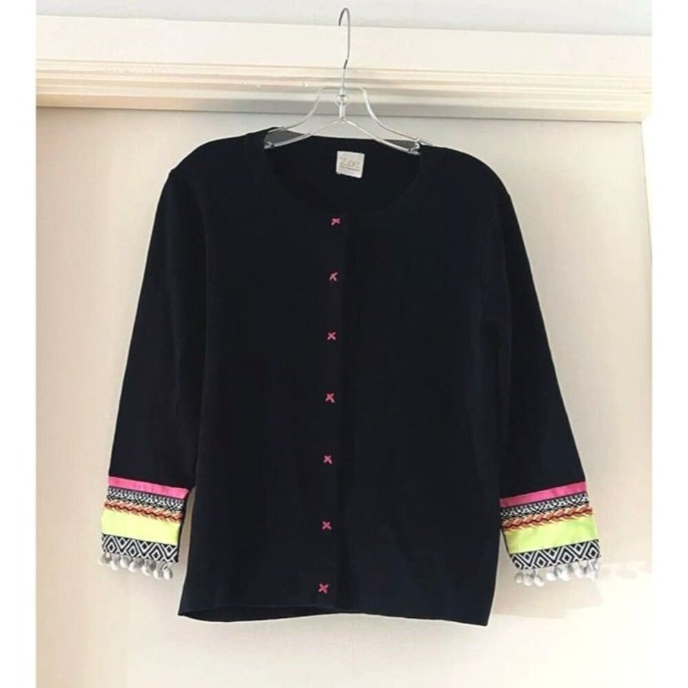 Large Zoe Zone of Embroidered Black Cardigan Embellished Trim Pom Pom Y2K Retro